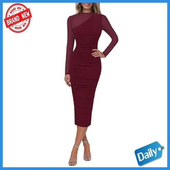 Long Sleeve Mesh Bodycon Dress Mock Neck Ruched Cocktail Party - Picture 2 of 8